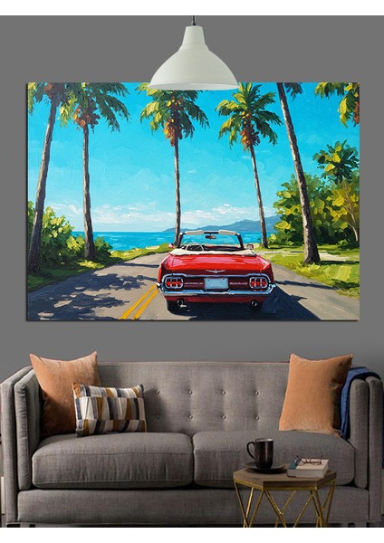 Kırmızı Araba Palmiye Plaj Dekoratif Kanvas - Mdf Ahşap Tablo fiyatları
