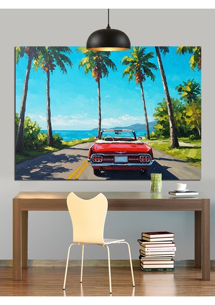 Kırmızı Araba Palmiye Plaj Dekoratif Kanvas - Mdf Ahşap Tablo modelleri