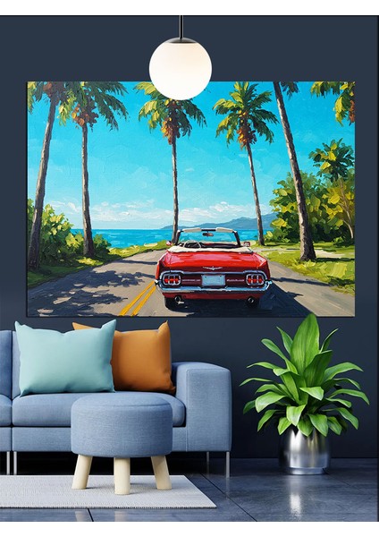 Kırmızı Araba Palmiye Plaj Dekoratif Kanvas - Mdf Ahşap Tablo fırsatları