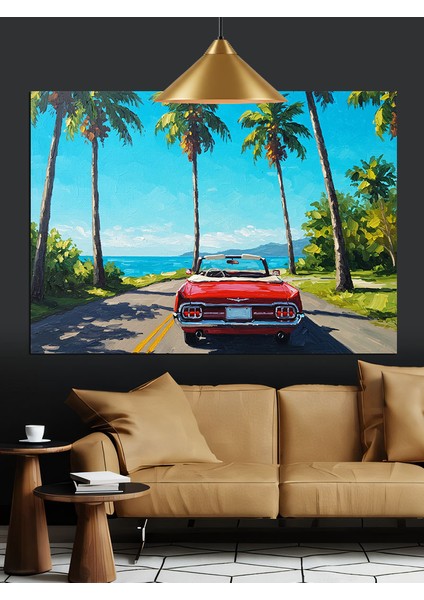 Kırmızı Araba Palmiye Plaj Dekoratif Kanvas - Mdf Ahşap Tablo indirimleri