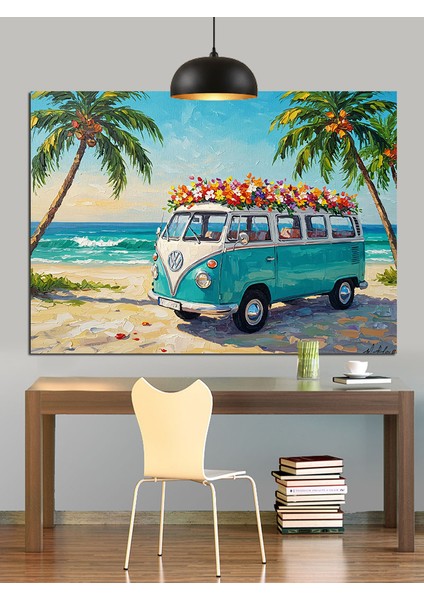 Mavi Klasik Minibüs Plaj Dekoratif Kanvas - Mdf Ahşap Tablo