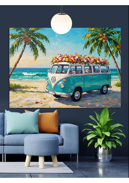 Mavi Klasik Minibüs Plaj Dekoratif Kanvas - Mdf Ahşap Tablo fiyatları
