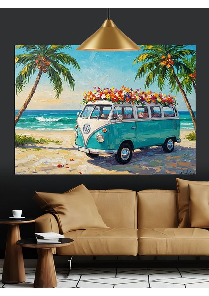 Mavi Klasik Minibüs Plaj Dekoratif Kanvas - Mdf Ahşap Tablo modelleri