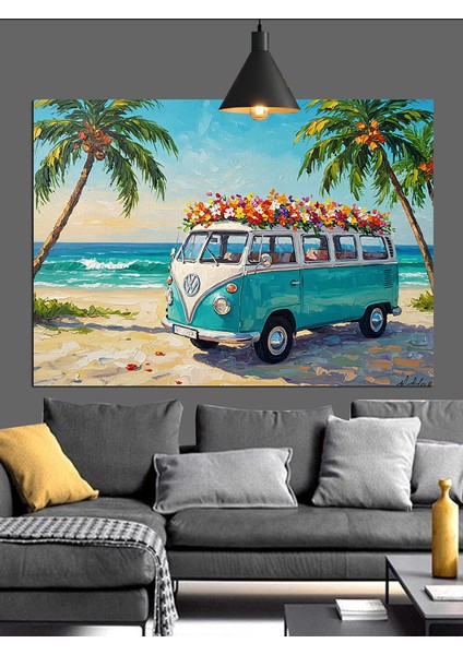 Mavi Klasik Minibüs Plaj Dekoratif Kanvas - Mdf Ahşap Tablo fırsatları