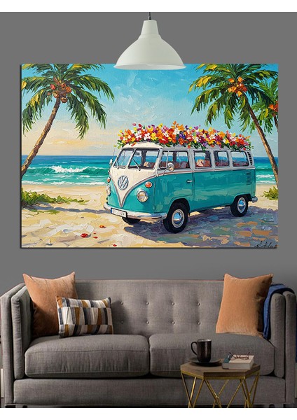Mavi Klasik Minibüs Plaj Dekoratif Kanvas - Mdf Ahşap Tablo indirimleri