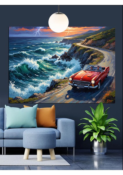 Kırmızı Araba Deniz Dalgaları Dekoratif Kanvas - Mdf Ahşap Tablo