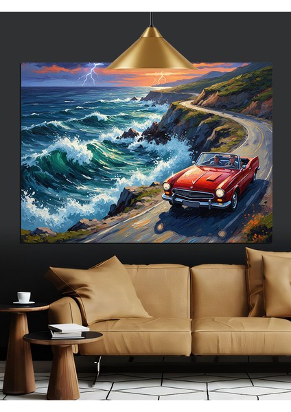Kırmızı Araba Deniz Dalgaları Dekoratif Kanvas - Mdf Ahşap Tablo fiyatları