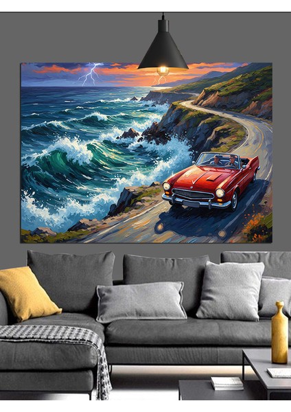 Kırmızı Araba Deniz Dalgaları Dekoratif Kanvas - Mdf Ahşap Tablo modelleri