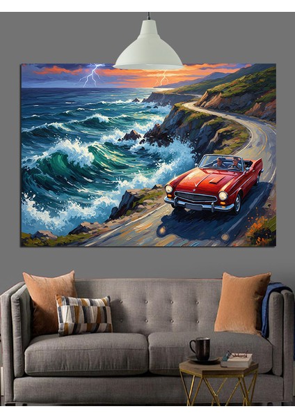 Kırmızı Araba Deniz Dalgaları Dekoratif Kanvas - Mdf Ahşap Tablo fırsatları