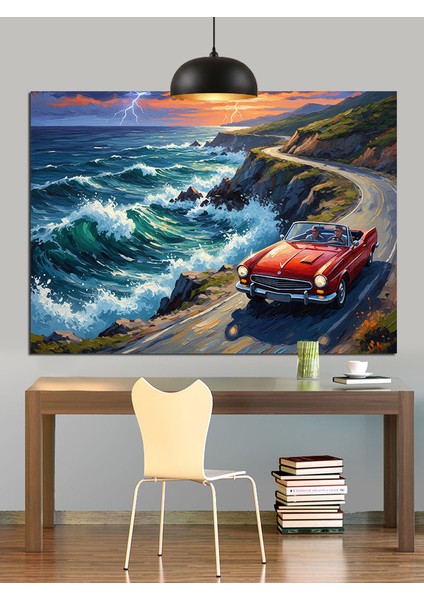 Kırmızı Araba Deniz Dalgaları Dekoratif Kanvas - Mdf Ahşap Tablo indirimleri