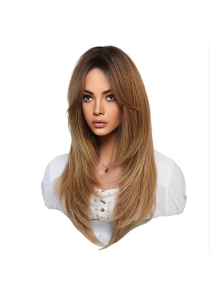 64CM Avrupa ve Amerikan Simülasyon Peruğu Dişi Uzun Saç Merkezi Ayrıldı Tam Kafa Seti Uzun Saç Kadın Set Kafa Peruğu C (Yurt Dışından)