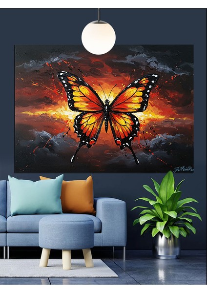 Kelebek Turuncu Kanatlar Işık Dekoratif Kanvas - Mdf Ahşap Tablo