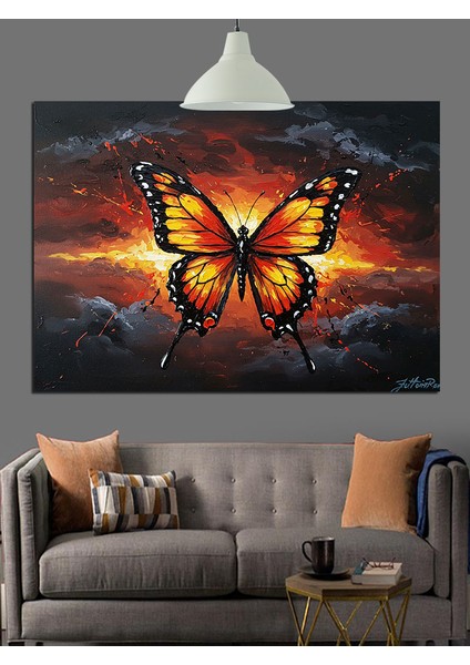 Kelebek Turuncu Kanatlar Işık Dekoratif Kanvas - Mdf Ahşap Tablo fırsatları