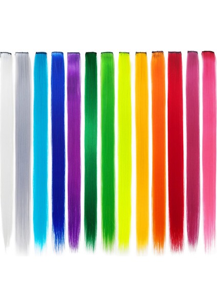 13 Adet Renkli Parti Saç Uzatmalarında Renkli Klipsi Vurgular 55CM Düz Sentetik Saç Parçaları Gökkuşağı (Yurt Dışından)