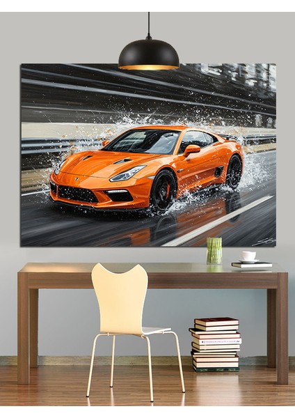 Turuncu Spor Araba Hız Dekoratif Kanvas - Mdf Ahşap Tablo