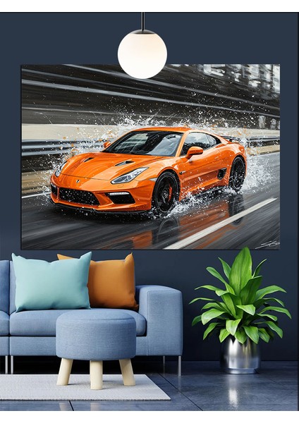 Turuncu Spor Araba Hız Dekoratif Kanvas - Mdf Ahşap Tablo fiyatları