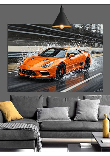Turuncu Spor Araba Hız Dekoratif Kanvas - Mdf Ahşap Tablo fırsatları