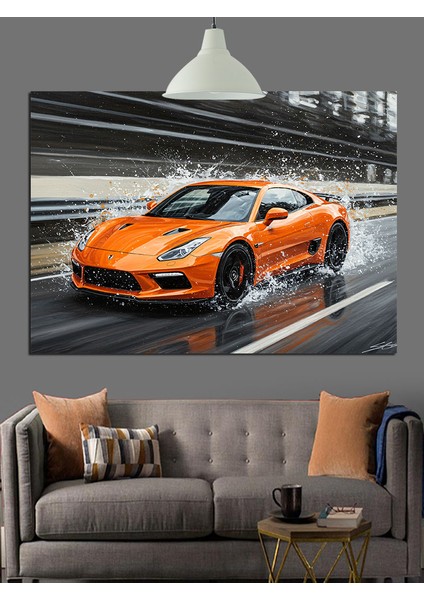 Turuncu Spor Araba Hız Dekoratif Kanvas - Mdf Ahşap Tablo indirimleri