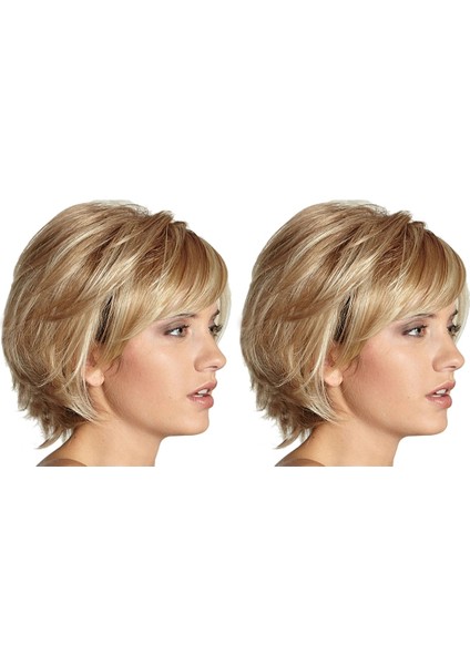 2x Kısa Katmanlı Kabarık Dalgalı Tam Sentetik Peruk Sarışın Vurgular (Yurt Dışından)