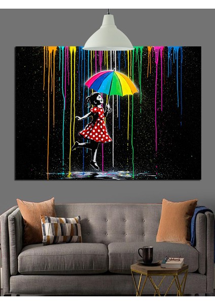 Şemsiyeli Yürüyen Gökkuşağı Kız Dekoratif Kanvas - Mdf Ahşap Tablo