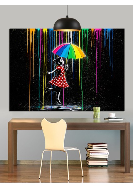 Şemsiyeli Yürüyen Gökkuşağı Kız Dekoratif Kanvas - Mdf Ahşap Tablo fiyatları