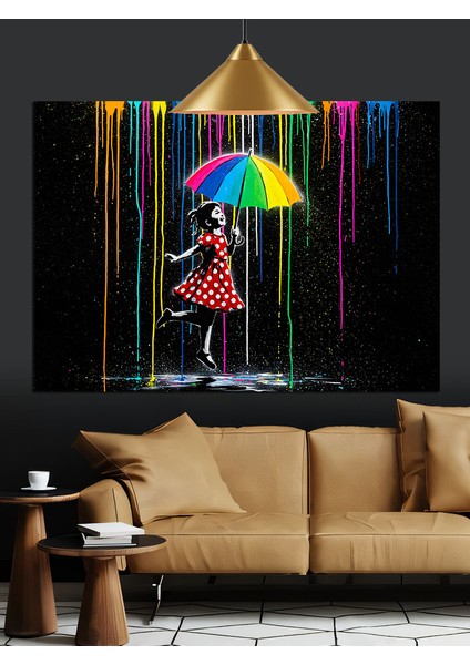 Şemsiyeli Yürüyen Gökkuşağı Kız Dekoratif Kanvas - Mdf Ahşap Tablo fırsatları