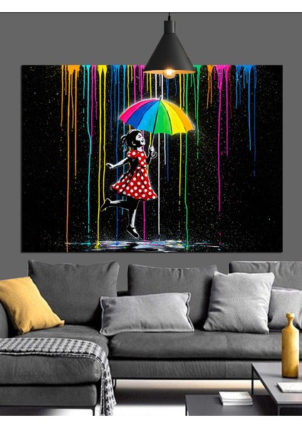 Şemsiyeli Yürüyen Gökkuşağı Kız Dekoratif Kanvas - Mdf Ahşap Tablo indirimleri