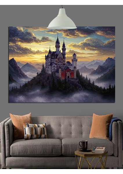 Gece Kalesi Sisli Dağlar Dekoratif Kanvas - Mdf Ahşap Tablo