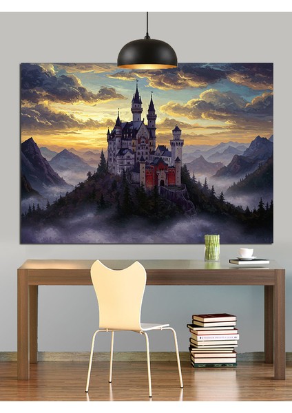 Gece Kalesi Sisli Dağlar Dekoratif Kanvas - Mdf Ahşap Tablo fiyatları