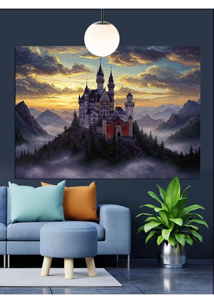 Gece Kalesi Sisli Dağlar Dekoratif Kanvas - Mdf Ahşap Tablo modelleri