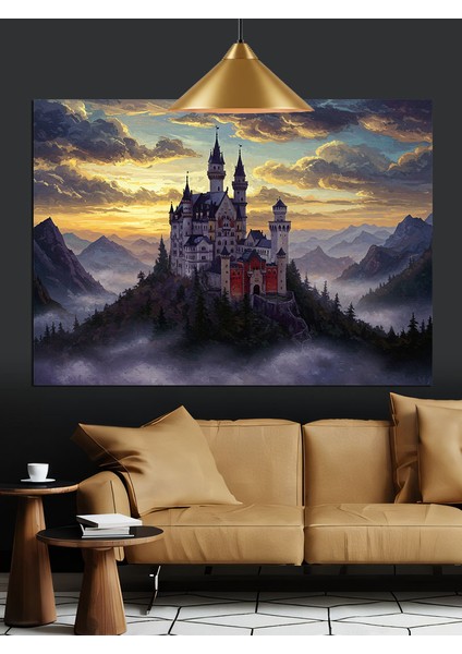 Gece Kalesi Sisli Dağlar Dekoratif Kanvas - Mdf Ahşap Tablo fırsatları