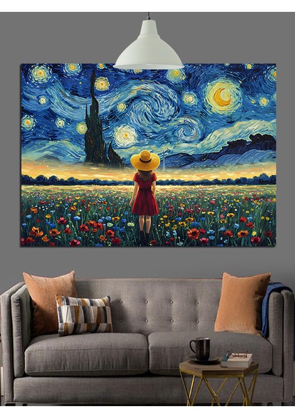 Yıldızlı Gökyüzü Sarı Elbise Kız Dekoratif Kanvas - Mdf Ahşap Tablo