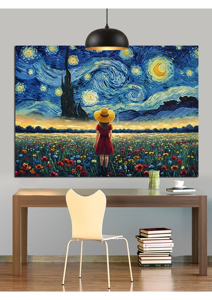 Yıldızlı Gökyüzü Sarı Elbise Kız Dekoratif Kanvas - Mdf Ahşap Tablo fiyatları
