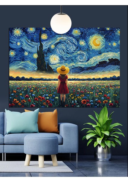 Yıldızlı Gökyüzü Sarı Elbise Kız Dekoratif Kanvas - Mdf Ahşap Tablo modelleri