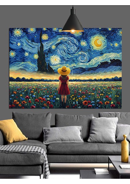 Yıldızlı Gökyüzü Sarı Elbise Kız Dekoratif Kanvas - Mdf Ahşap Tablo indirimleri