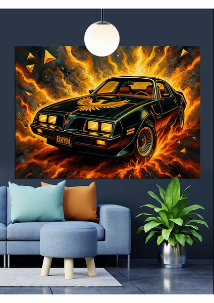 Alevli Tekerlekli Siyah Spor Araba Dekoratif Kanvas - Mdf Ahşap Tablo