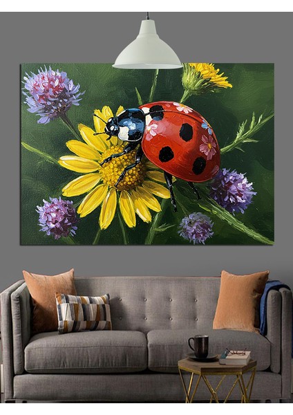 Uğur Böceği Papatya Çiçeği Yakın Dekoratif Kanvas - Mdf Ahşap Tablo