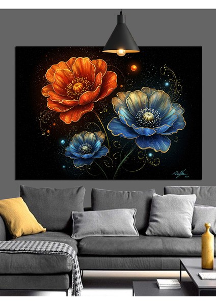Mavi Turuncu Çiçekler Detayı Dekoratif Kanvas - Mdf Ahşap Tablo