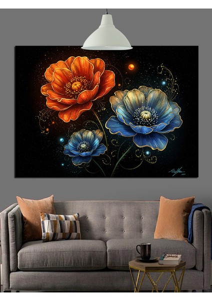 Mavi Turuncu Çiçekler Detayı Dekoratif Kanvas - Mdf Ahşap Tablo fiyatları