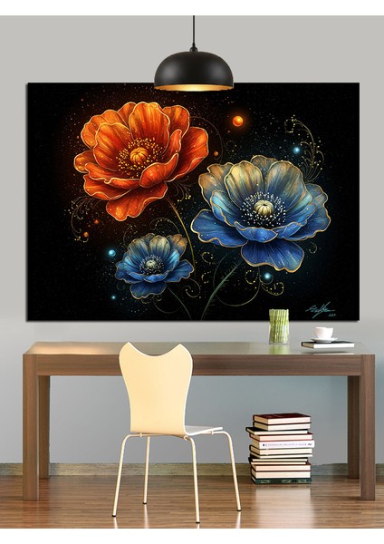 Mavi Turuncu Çiçekler Detayı Dekoratif Kanvas - Mdf Ahşap Tablo modelleri