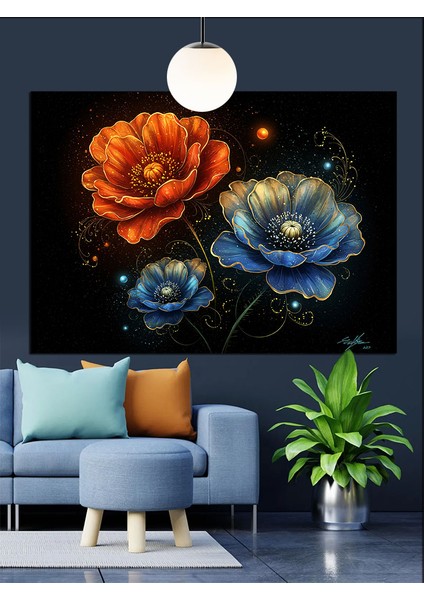 Mavi Turuncu Çiçekler Detayı Dekoratif Kanvas - Mdf Ahşap Tablo fırsatları