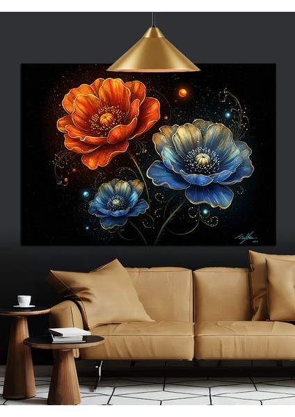 Mavi Turuncu Çiçekler Detayı Dekoratif Kanvas - Mdf Ahşap Tablo indirimleri