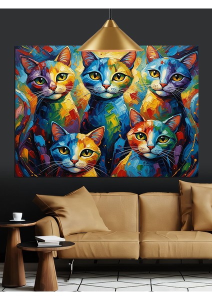 Renkli Boyalı Kedi Portreleri Dekoratif Kanvas - Mdf Ahşap Tablo fiyatları