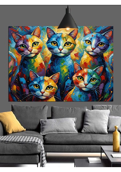 Renkli Boyalı Kedi Portreleri Dekoratif Kanvas - Mdf Ahşap Tablo modelleri