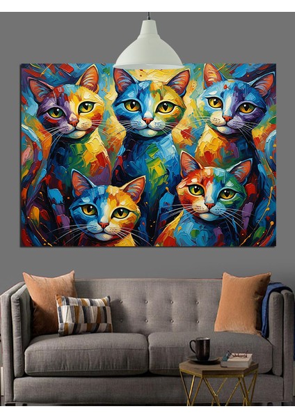Renkli Boyalı Kedi Portreleri Dekoratif Kanvas - Mdf Ahşap Tablo fırsatları