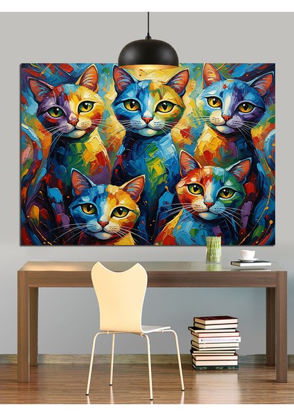 Renkli Boyalı Kedi Portreleri Dekoratif Kanvas - Mdf Ahşap Tablo indirimleri
