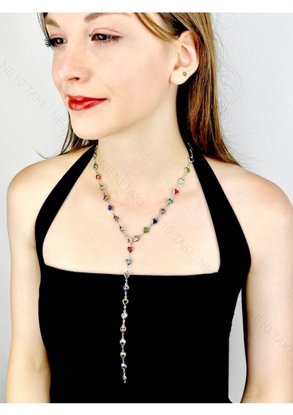 Y Kolye, Taşlı, Çok Renkli, Kalpli, Kolye 433, Kasa Gümüş Renk fırsatları