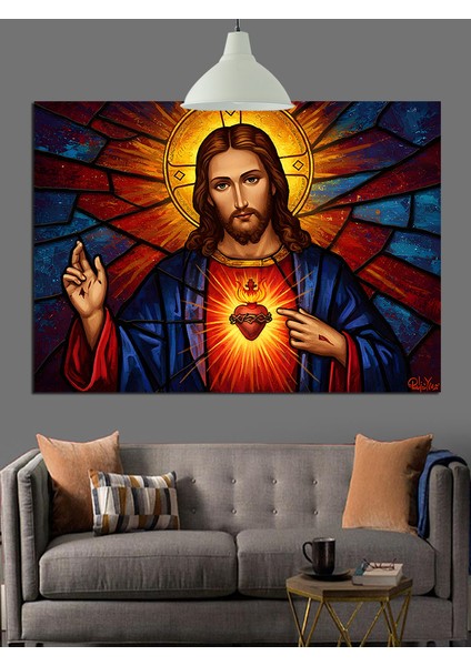 Isa Mesih Kutsal Kalp Vitray Dekoratif Kanvas - Mdf Ahşap Tablo