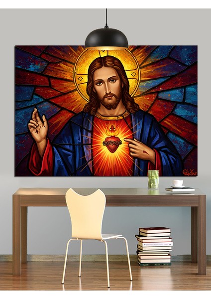 Isa Mesih Kutsal Kalp Vitray Dekoratif Kanvas - Mdf Ahşap Tablo fiyatları