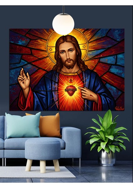 Isa Mesih Kutsal Kalp Vitray Dekoratif Kanvas - Mdf Ahşap Tablo modelleri